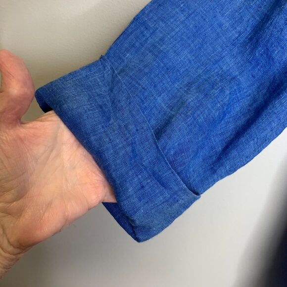 Pure Jill Linen Blue Tunic Top V-Neck Button Front Roll Tab Sleeve Relaxed Fit M - Picture 5 of 11